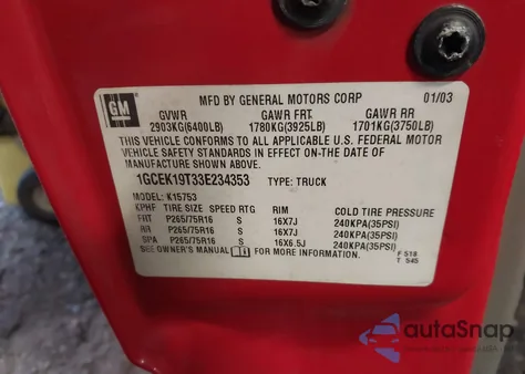 2003 Chevrolet Silverado 1500 Lt из США, поврежденный, VIN 1GCEK19T33E234353